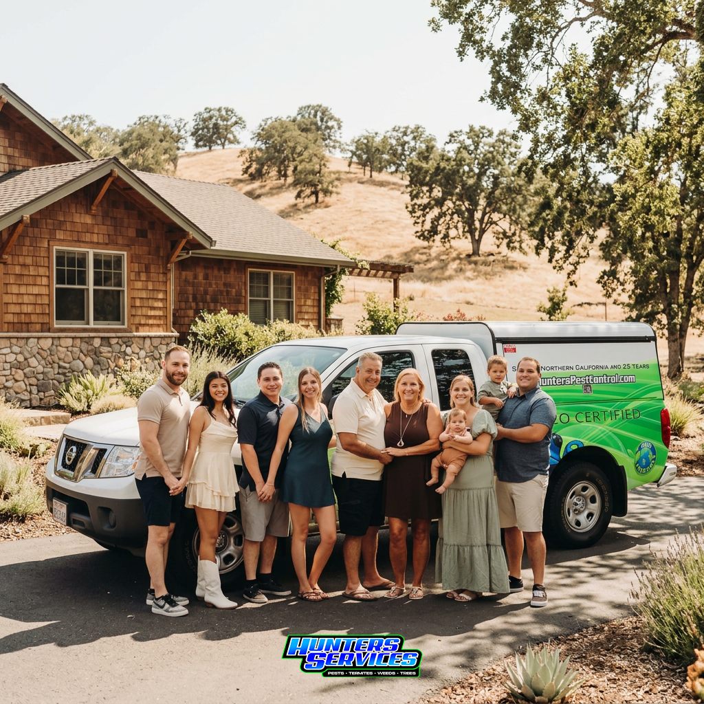 The Hunters Services family team standing in front of their branded Hunters Pest Control truck outside a home.